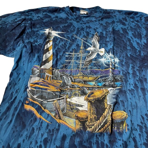 Vintage 90's Tie Dye Boat Ship Seagull Ocean‎ T Shirt XL Men's USA Blue - Picture 3 of 8